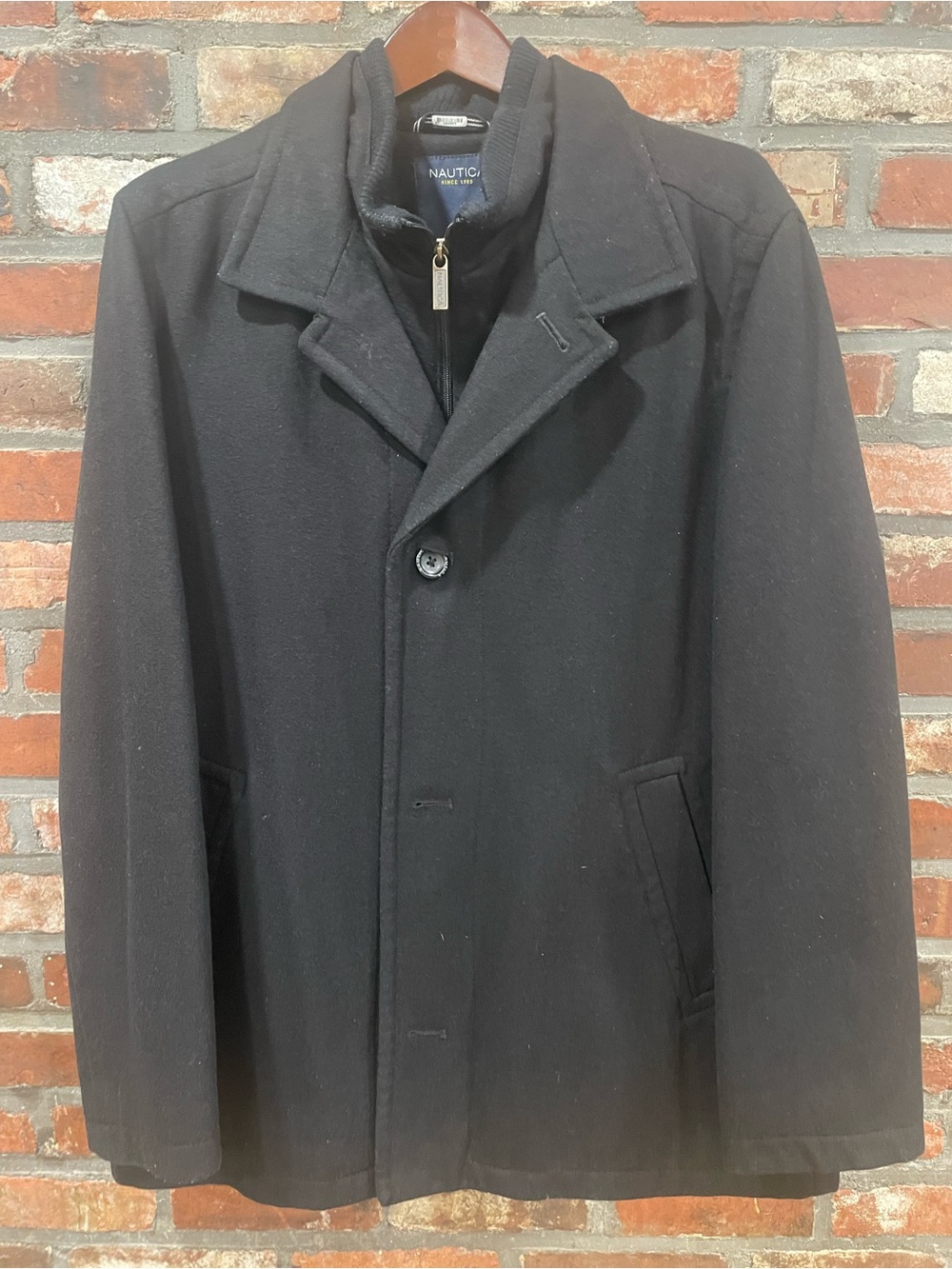 Nautica Black Wool-Blend Pea Coat with Zip-Front Liner